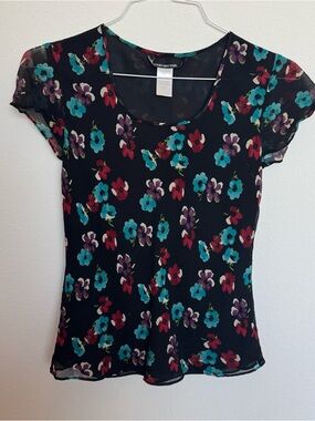 Jones New York silk Black Floral Short Sleeve Top - Teal, Purple & Red Flowers